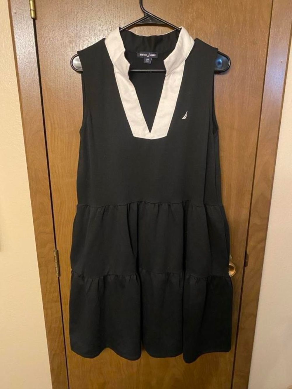 Nautica Black Sleeveless Tiered Dress with White V-Collar
